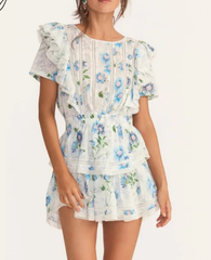 Ingvn - New Arrival Summer Short Sleeve Natasha Mini Dress Women Ruffled A-line Dress Blue Print