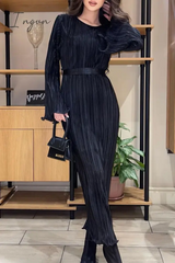 Ingvn - Elegant Solid Pocket Fold O Neck A Line Dresses