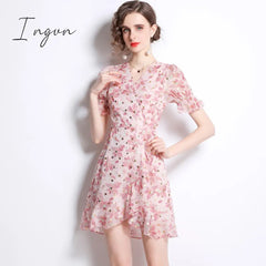 Ingvn - French Gothic Fishtail Floral Summer Dress Women Beach Style Tea Platycodon Grandiflorum Drawstring Hip Dress K6686