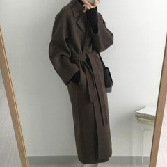 Autumn Winter Thicken Loose Wool & Blend Coats Women Elegant Lapel Full Sleeve Lace-up Oversized Female Outwear