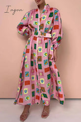 Ingvn - Sweet Elegant Print With Belt Mandarin Collar Printed Dress Dresses