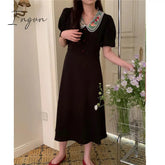 Ingvn - Summer Retro Women Midi Dress Korea Office Lady Embroidery Floral Peter Pan Collar One Piece Female Fashion Black Pink Vestido