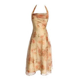 Women Midi Floral Halter Slip Dress Summer Vintage Painting Flowers Backless Casual Party Night Vacation Runway Vestidos