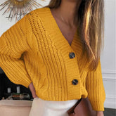 Ingvn - Women Short Cardigan Knitted Sweater Autumn Winter Long Sleeve V neck Jumper Cardigans Casual Streetwear Fashion Pull Femme Coat
