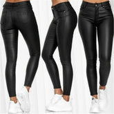 Ingvn - Pure Color Leather Casual Pants Small Feet Pants Spring Women Pu Leather Pants Black Sexy Stretch Bodycon Leather Pants High Red