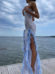 Sequins Long Dress For Women Side Split Flower See Through Sundress Elegant Temperament Sexy Slim Women's Evening Dresses