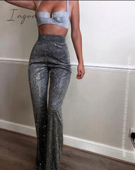 Ingvn - High Waist Sequin Fall Party Wear Wide Leg Casual Trousers Fashion Loose Glitter Shiny Bell Bottom Pants for Women