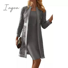 Ingvn - Spring Autumn Two Piece Dress Women Long Sleeve Knee Length Jacket Mother of The Bride Dresses Formal Party Evening Gown Dress Plus Size S-5XL