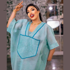Ingvn - African Modern design blue mesh embroidered deep V-neck plus size skirt with inner skirt African-American women's dress