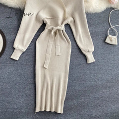 Ingvn - Women Shiny Knitted Dress Sexy V Neck Puff Sleeve Elastic Sheath Knitting Dress Autumn Solid Bow Sashes Pencil Dress