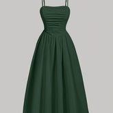Elegant Solid Color Polyester A-Line Dress for Women, All-Season Strapless Shirred Detail, Woven Pendulum Style, Perfect for Adult - Green