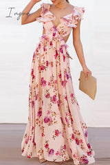 Ingvn - Sexy Floral Backless Flounce V Neck Printed Dress Dresses