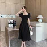 Summer New Elegant Party White Midi Dresses for Women Korean Square Collar Puff Sleeve Slim Holiday Casual Female Clothing