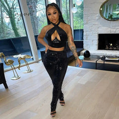 Ingvn - Sexy Bright Women 2-Piece Suits Criss Cross Halter Camisole Tops+Skinny Split Pants Sportswear Female Night Clubwear