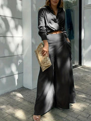 Two-piece Set, Long Sleeve Casual Matching Women's Clothing, Wide Leg Pants Outfits Blouse