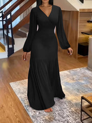 Stunning Ruched Maxi Dress - Elegant V Neck, Lantern Long Sleeves, Party-Perfect, Women's Clothing for Special Occasions