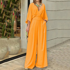 Ingvn - Women Jumpsuit Summer Short Bat Sleeve V Neck Backless Nipped Waist Loose Wide Legs Casual Pants Romper High Streetwear