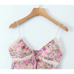 New Women Lace Spliced Floral Print Spaghetti Strap Sexy Dress Sleeveless V Neck Female Holiday Summer Dress Short