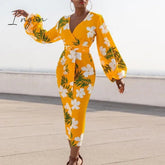 Ingvn - Yellow Printed Dress V Neck White Flower Long Lantern Sleeve Bodycon High Waist Women Vestidos African Ladies Plus Size XL Robes