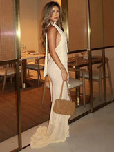 Halter Hollow Out Sexy Maxi Dress Women Gown Fashion Elegant Sleeveless Backless Bodycon Ruffle Club Party Dress New