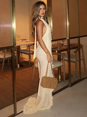 Halter Hollow Out Sexy Maxi Dress Women Gown Fashion Elegant Sleeveless Backless Bodycon Ruffle Club Party Dress New