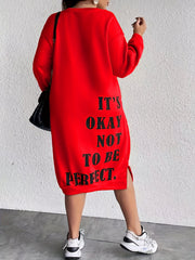 Midi Plus Size Casual Slogan Print Long Sleeve Round Neck Trapeze Sweatshirt Dress - Soft Medium Stretch Polyester Fabric, Loose Fit, Pullover Style, Machine Washable - Weekend Casual Wear for Fall Season