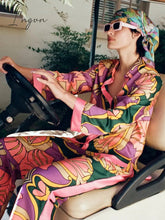 Ingvn - Loose Satin Sleepwear for Women Fashion Print Vintage Silk Pajamas Set 2 Pcs Long Sleeve Pants Female Homewear Chic Summer Suit