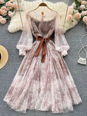 Ingvn - Elegant Women Mesh Dress Vintage Lantern Sleeves Printed Party Dresses Spring Summer Patchwork A Line Bandage Beach Dress
