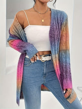 Long Sleeve Ombre Gradient Color Block Cardigan - Soft Micro Elasticity, Loose Fit, V-Neck, Raglan Sleeve, Placket Front - Perfect for Fall and Winter Seasons