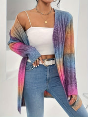 Long Sleeve Ombre Gradient Color Block Cardigan - Soft Micro Elasticity, Loose Fit, V-Neck, Raglan Sleeve, Placket Front - Perfect for Fall and Winter Seasons
