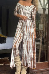 Ingvn - Casual Vintage Striped Slit Without Belt V Neck Long Sleeve Two Pieces(No Belt)
