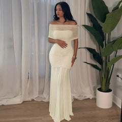 Mesh Patchwork Strapless Sexy Maxi Dress For Women Fashion Off-shoulder Backless High Waist Ruched Slim Party Dress Summer 2025