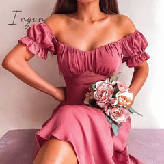 Ingvn - Short Sleeve Bodycon Beach Dresses High Waist A-line Ladies Party Vestidos Elegant Solid V-neck Summer Women Dress