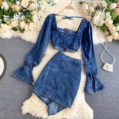 Ingvn - Trends high quality Spring Autumn Two Piece Set Women Sexy Jeans 2 Two Piece Set Long Sleeve Crop Tops And Bodycon Short Denim Skirt Suits for Woman