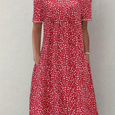 Bohemian Floral Charm - Dual Pocket Crew Neck Dress with Short Sleeves - Stylish Casual Womens Clothing for Summer