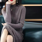 Korean Casual Long Sleeve Knitted Midi Dresses for Women Autumn Winter Elegant Half High Collar Sweaters Female Clothing