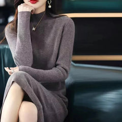 Korean Casual Long Sleeve Knitted Midi Dresses for Women Autumn Winter Elegant Half High Collar Sweaters Female Clothing