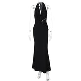 Halter Deep V Neck Sexy Maxi Dress For Women Gown Black Lace Off-shoulder Backless Sleeveless Bodycon Long Dress