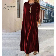 Ingvn - Women‘s Velvet Dress Shift Dress Caftan Dress Long Dress Maxi Dress Green Black Purple Long Sleeve Pure Color Pocket Winter Fall Spring Crew Neck Mature Winter Dress Daily Vacation 2023