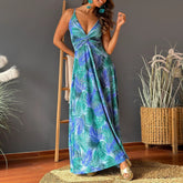 Spring and Summer Fashion Women's Amazon New Style Suspender V-neck Printed Temperament Elegant A-line Long Dress