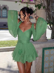 Women's Fashion Green Chiffon Mini Dress Elegant V-neck Split Long Sleeve Ruffle High Waist Dresses Lady Holiday Beach Vestidos