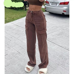 Rockmore Brown Vintage Baggy Jeans Women 90s Streetwear Pockets Wide Leg Cargo Pants Low Waist Straight Denim Trousers
