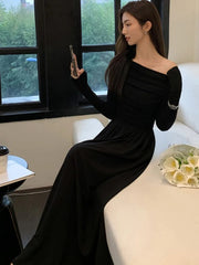 Elegant Evening Party White Dress Women Korean Off Shoulder Long Sleeve Birthday A-Line Robe Autumn Streetwear Corset Clothes