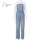 Ingvn - Fashion Women Pocket Front Strapless Sleeveless Denim Wide Leg Jumpsuit 2023 Summer Jean Romper One Piece Set Playsuit