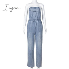 Ingvn - Fashion Women Pocket Front Strapless Sleeveless Denim Wide Leg Jumpsuit 2023 Summer Jean Romper One Piece Set Playsuit