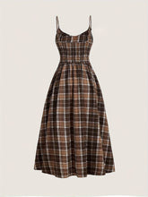Elegant, Comfortable Vintage-Inspired Plaid Midi Dress with Spaghetti Straps - Polyester, Machine Washable, Non-Sheer
