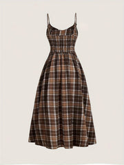 Elegant, Comfortable Vintage-Inspired Plaid Midi Dress with Spaghetti Straps - Polyester, Machine Washable, Non-Sheer