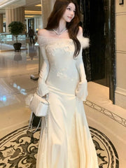 Elegant Solid Mermaid Long Dress for Women Autumn Chic Off Shoulder Flare Sleeve Bodycon Vestidos Vintage Evening Party Robe New