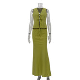Ingvn Sexy Tank Top Half Skirt Two Piece Set Women's Summer V-Neck Sleeveless Lace up Vest Long Ladies Skirts Chic Suits