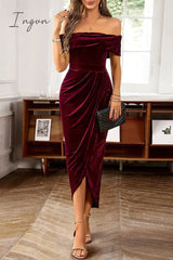 Ingvn - Elegant Solid Fold Off the Shoulder One Step Skirt Dresses